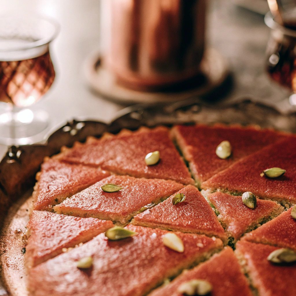 Overhead view of golden basbousa cake on ornate brass tray, diamond-cut pieces with pistachio centers, glistening syrup surface, scattered crushed pistachios and dried rose petals, one piece lifted showing moist crumb