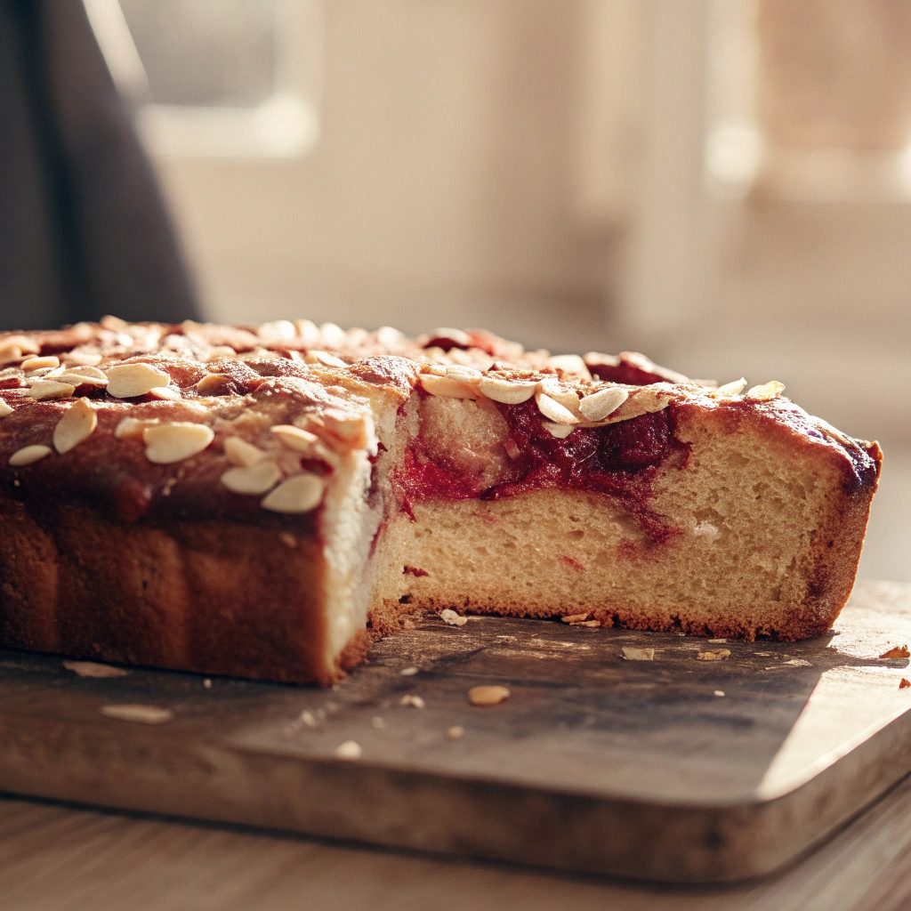 Plum Jam Cake with golden almond lattice crust on a wooden board.