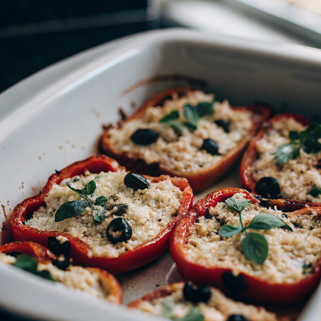 Baked red peppers stuffed with cheese, olives, and breadcrumbs, garnished with herbs.