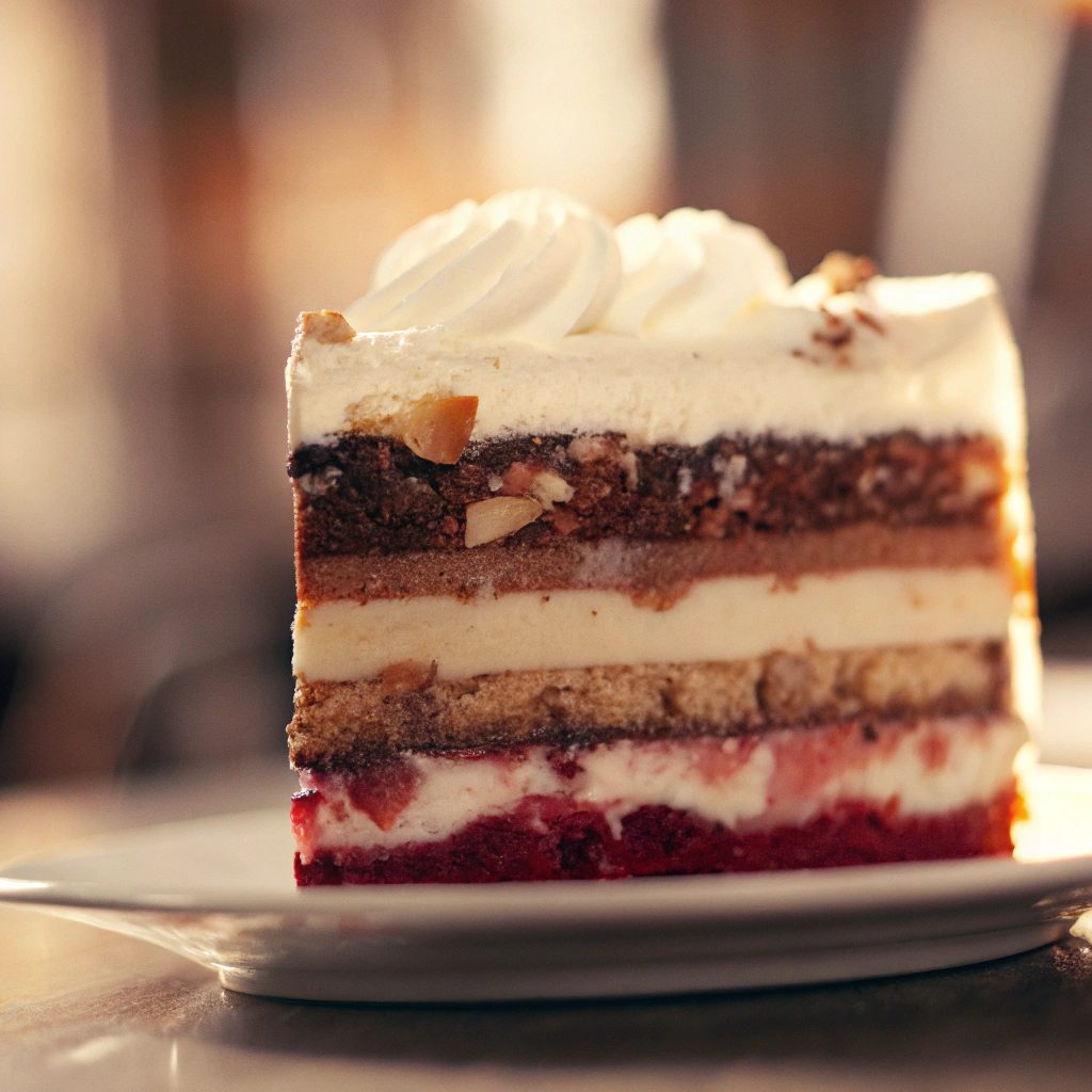Single slice of Cream Cake on a white plate showing layered creams.