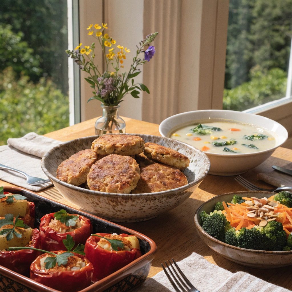 A warm, inviting table scene featuring a complete vegetarian Sunday lunch.