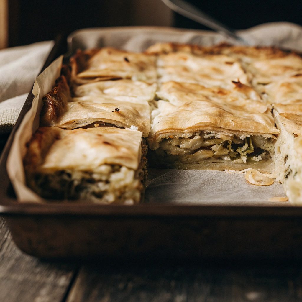 Golden buckwheat cabbage pie with crispy layered phyllo crust, cut into squares, showing a soft filling of shredded cabbage and leek in a rustic baking pan.