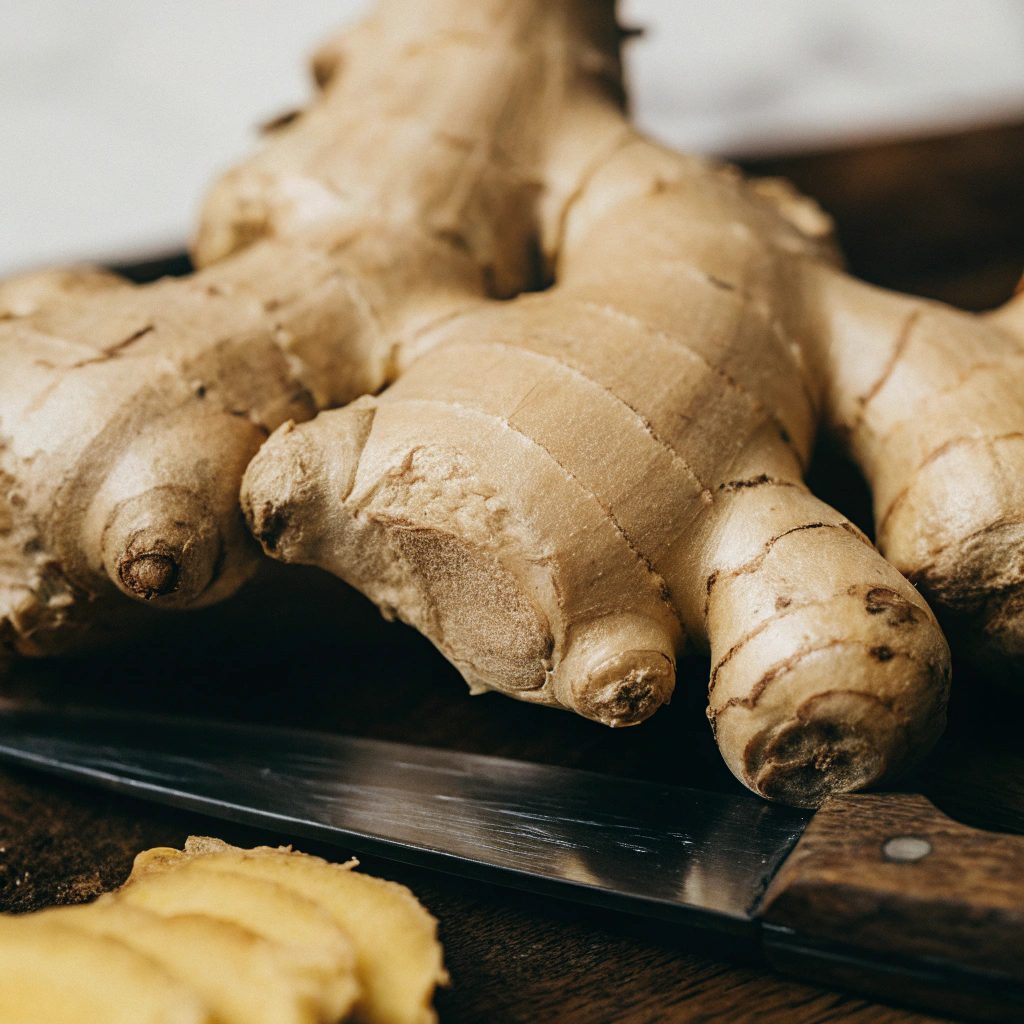 A close-up photograph of a whole, unpeeled ginger root resting on a rustic wooden surface or clean white background.