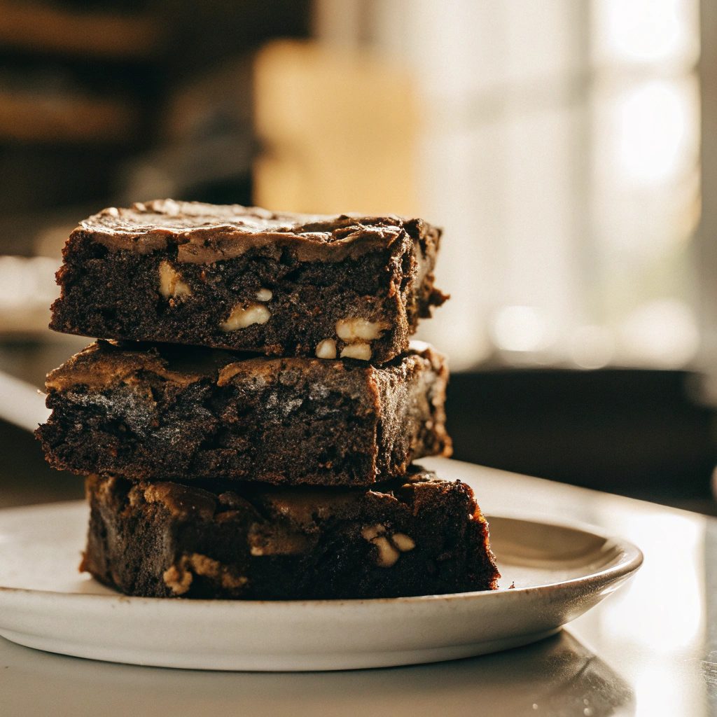 Stacked walnut brownies with chocolate chips and chopped walnuts on a white plate.