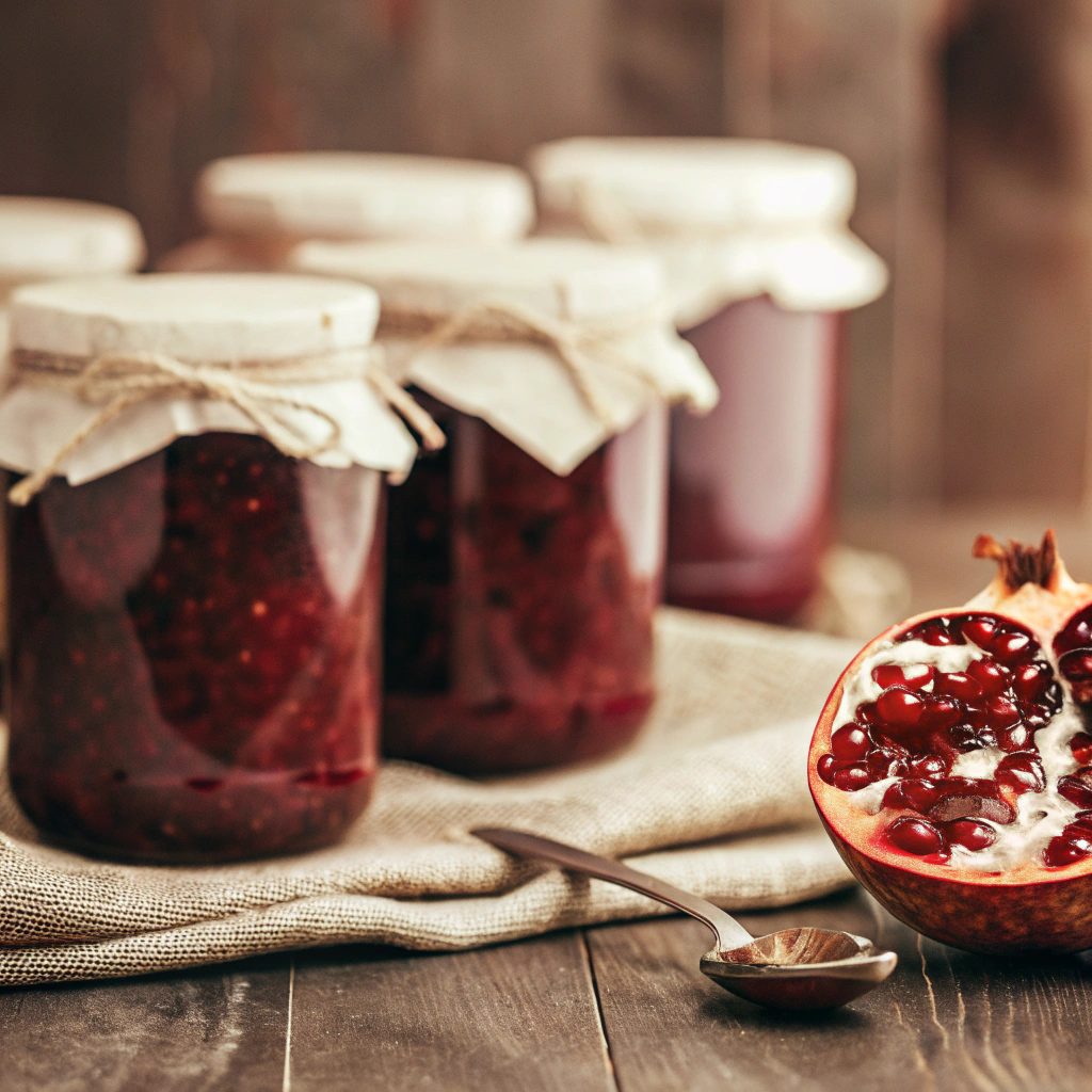 A collection of gleaming glass jars filled with deep, jewel-toned pomegranate jam