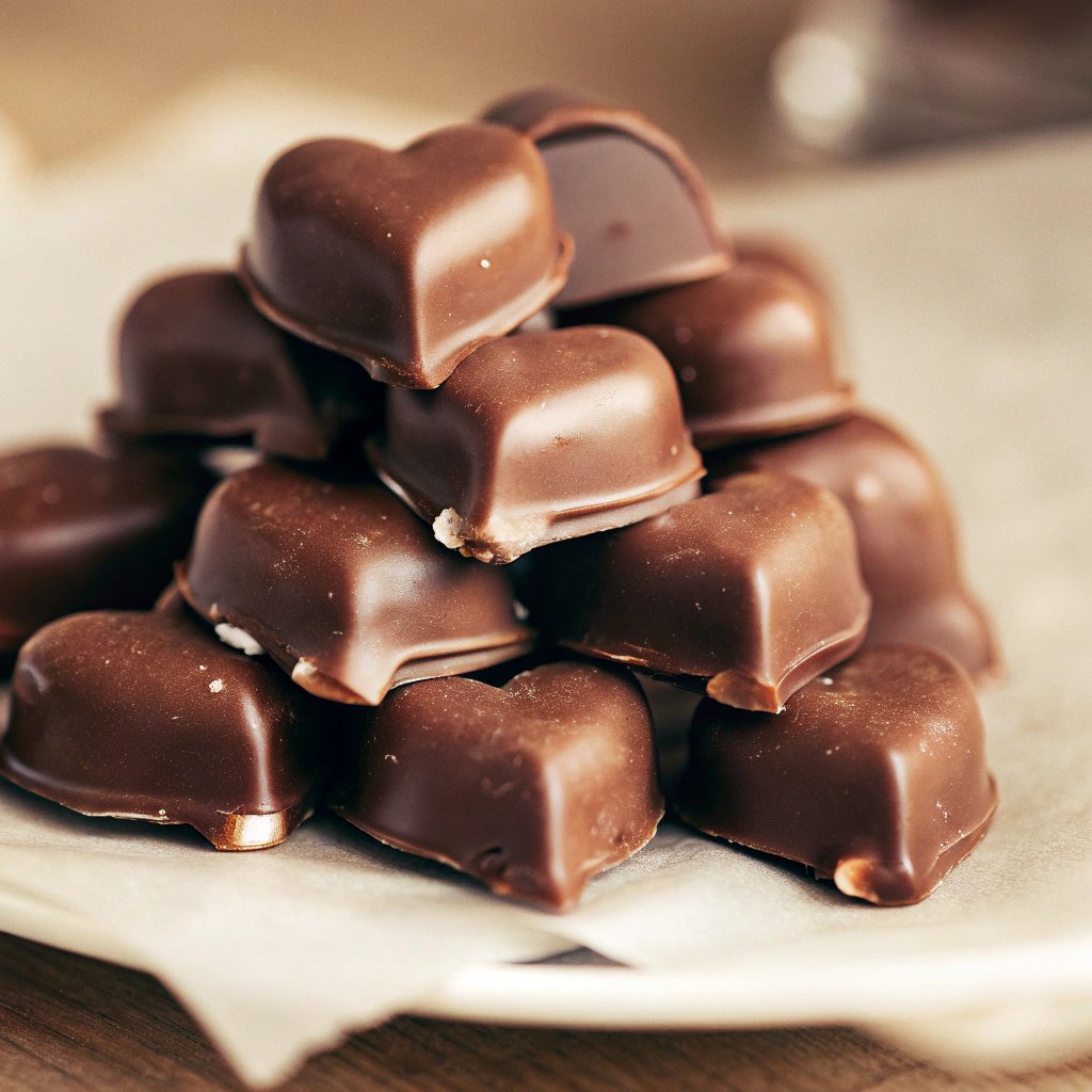 A small pile of delicate, glossy chocolate-covered hearts