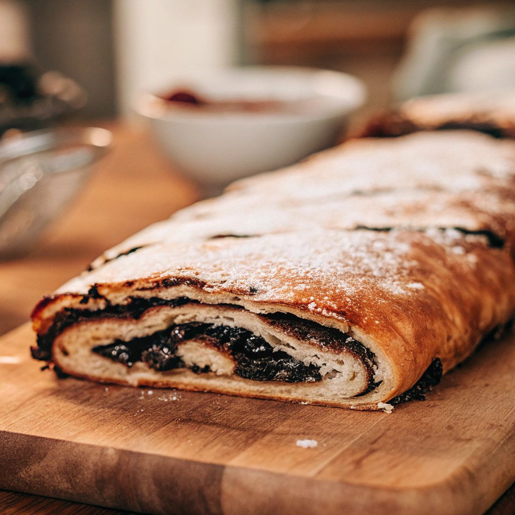 A freshly baked golden strudel on a wooden cutting board, sliced to reveal a rich poppy seed filling, sprinkled with powdered sugar.