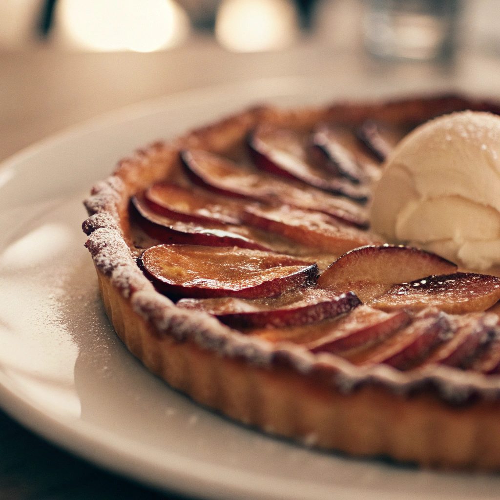 Close-up of a golden-baked pear tart on a white plate.