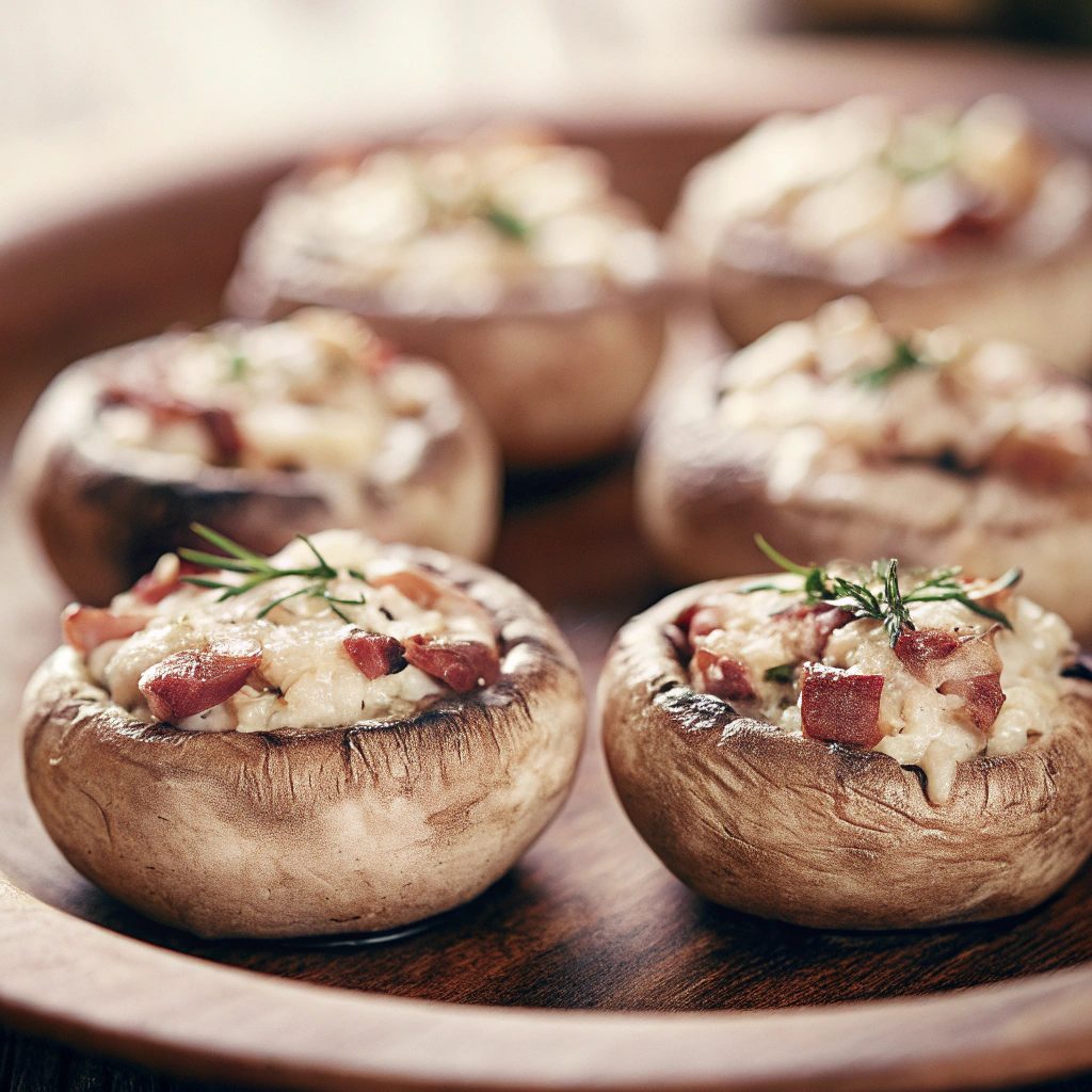 Delicious classic stuffed mushrooms made with large mushroom caps filled with a creamy mixture of garlic, onions, pancetta or prosciutto, eggs, and Parmesan cheese.