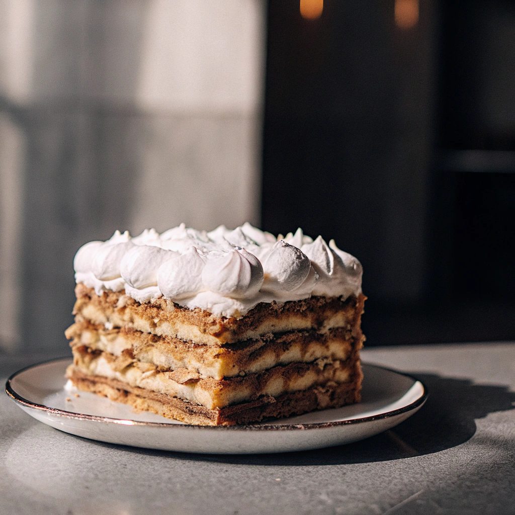 Top-down view of a layered apple cake with golden pastry layers, grated apple filling peeking through, topped with fluffy white meringue and smooth whipped cream.