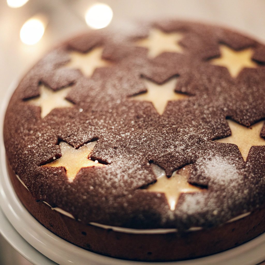 Top view of a round Starry Sky Cake with star-shaped cutouts in the chocolate sponge.