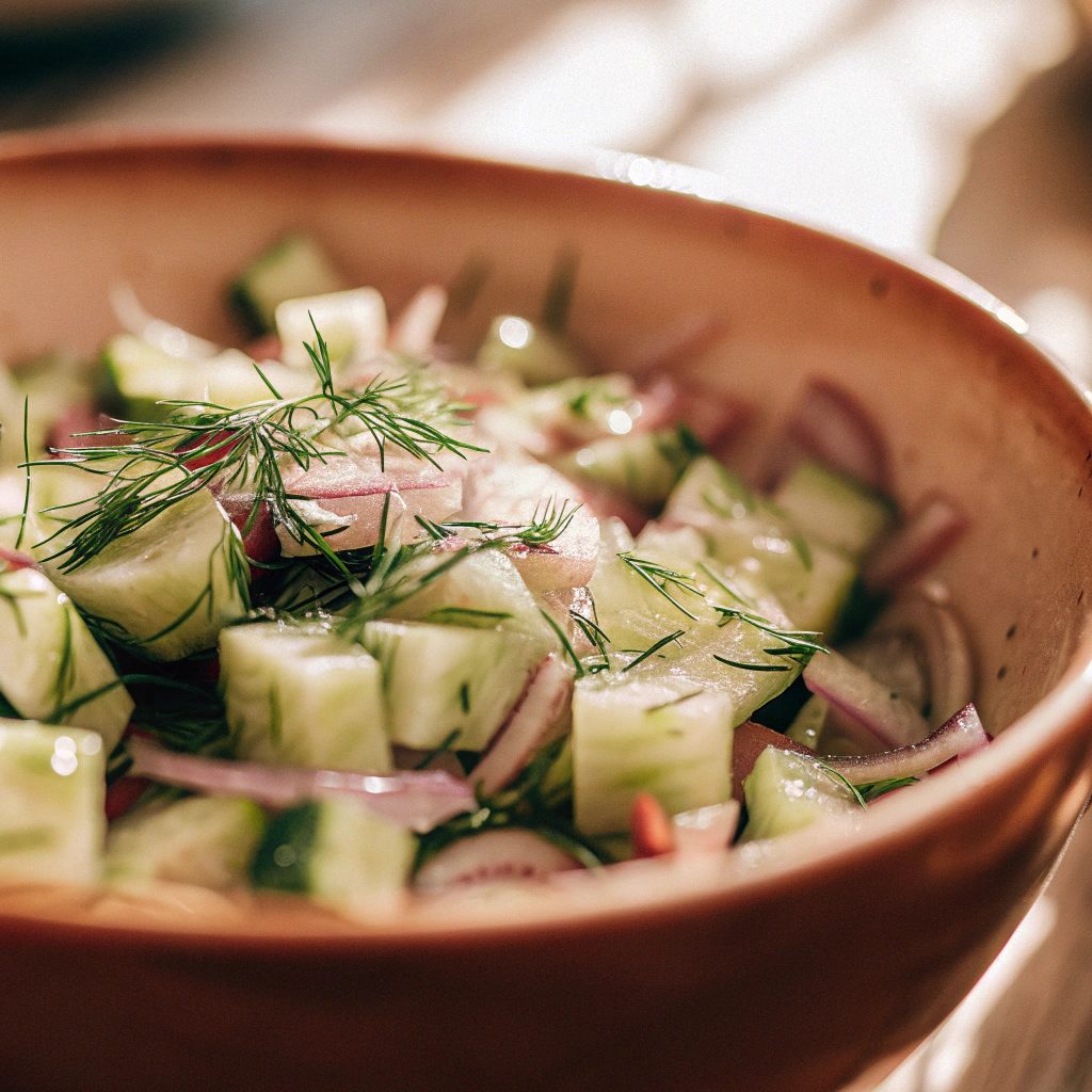 Fresh cucumber salad with dill, red onion, and light vinaigrette in a bowl.