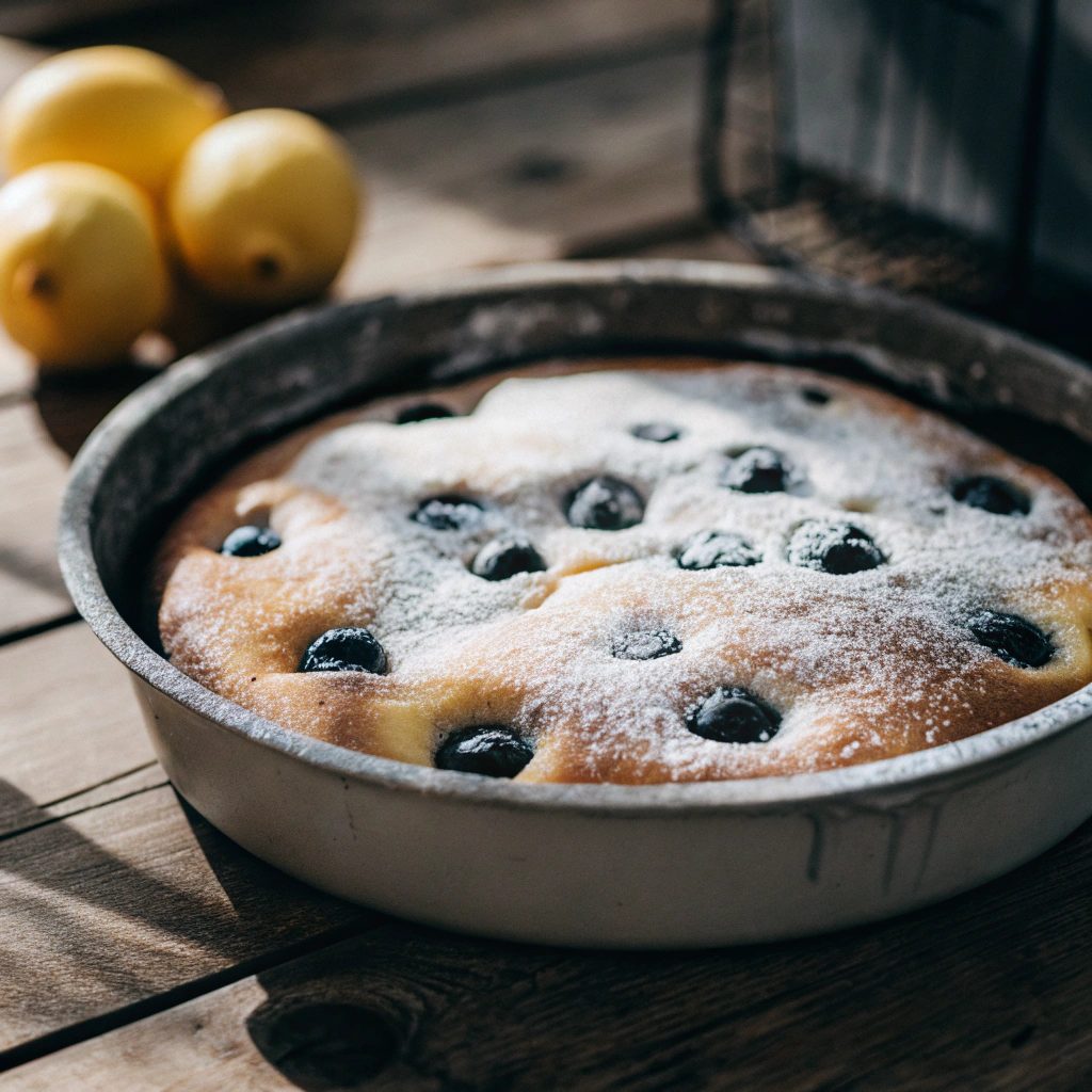 A golden blueberry lemon cake in a round pan, dusted with powdered sugar
