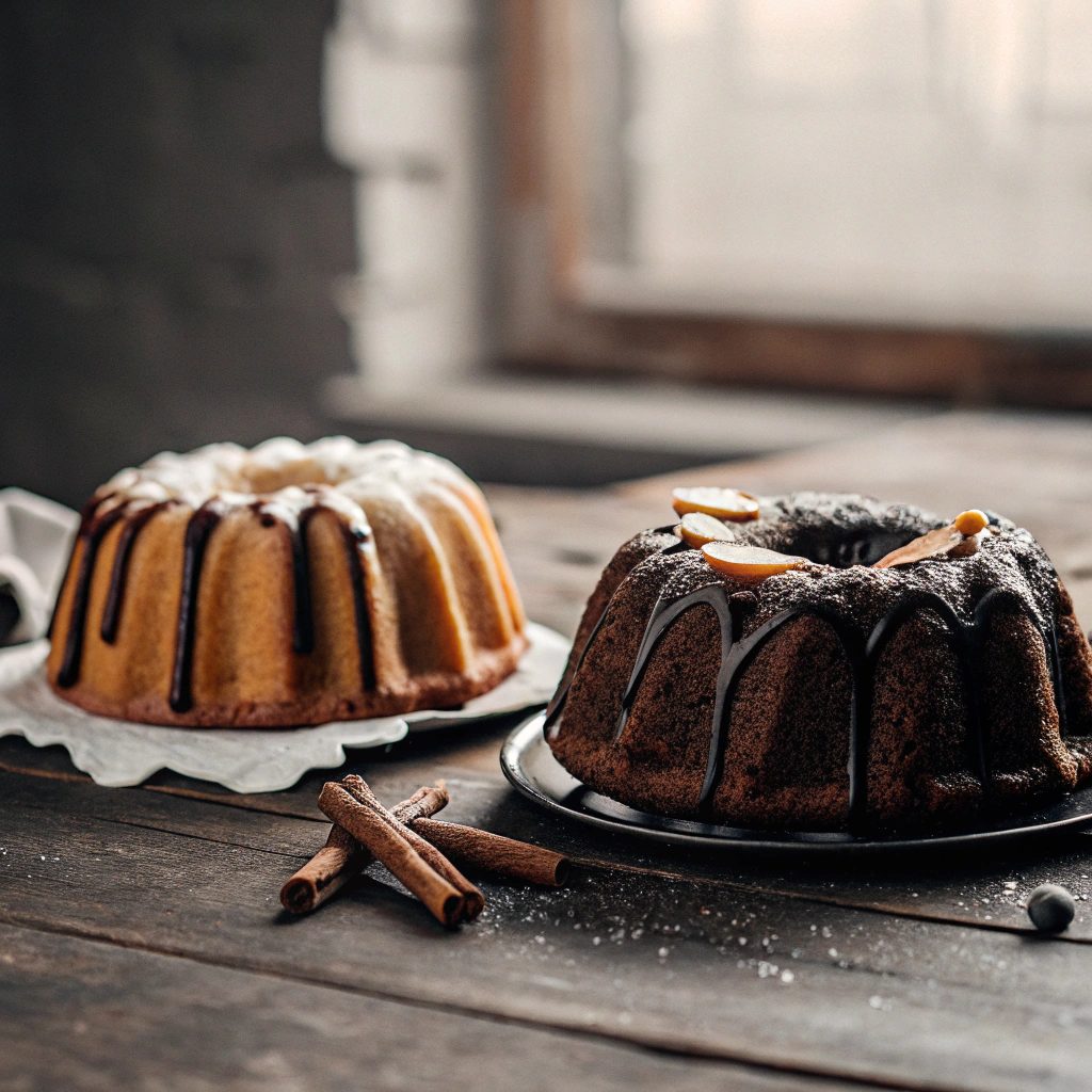 A side-by-side presentation of two Bundt cakes on a rustic wooden table