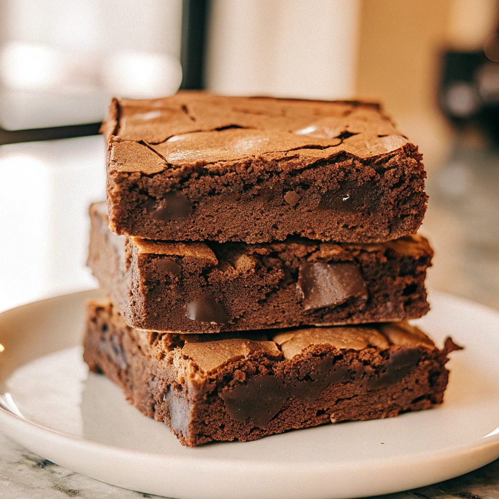 Thick fudgy chocolate brownies with crackled top stacked on a white plate.