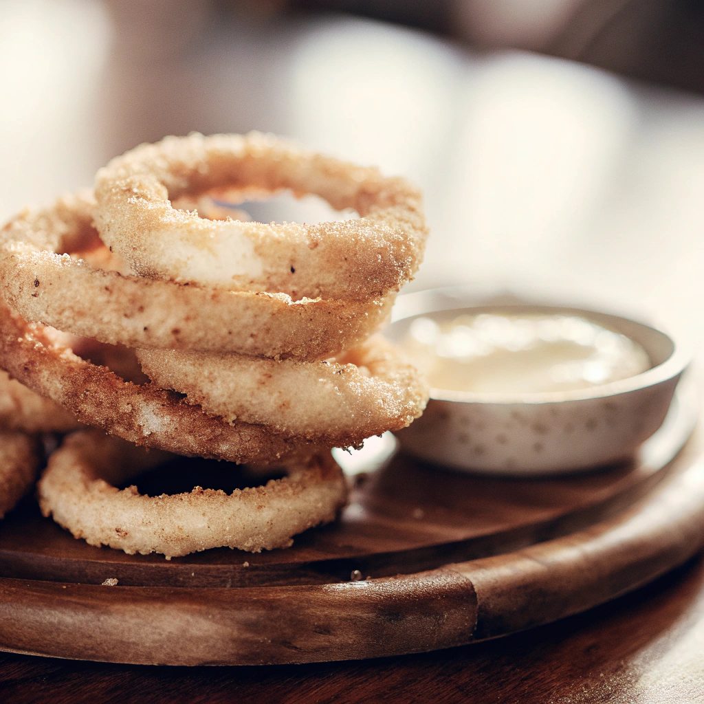 Close-up of a stack of golden, crispy onion rings on a rustic wooden plate.