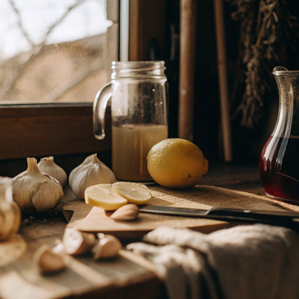 A warm, rustic still life composition featuring autumn garlic preparation