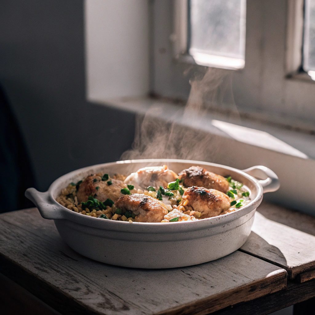 Golden saffron chicken with rice and green peas served in a white casserole dish on a white table in natural light.