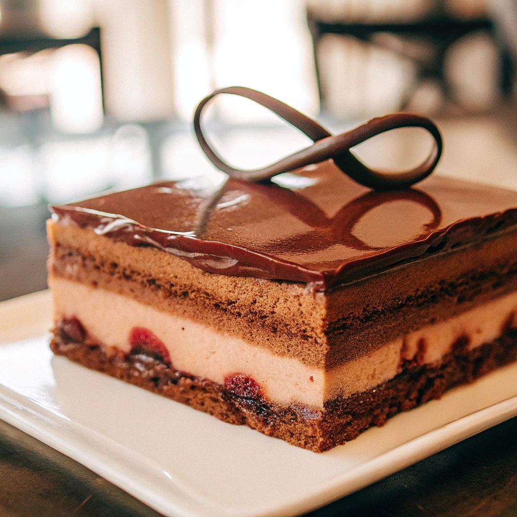 Layered Hungarian chocolate cake with cherries and dark chocolate glaze topped with chocolate curls.