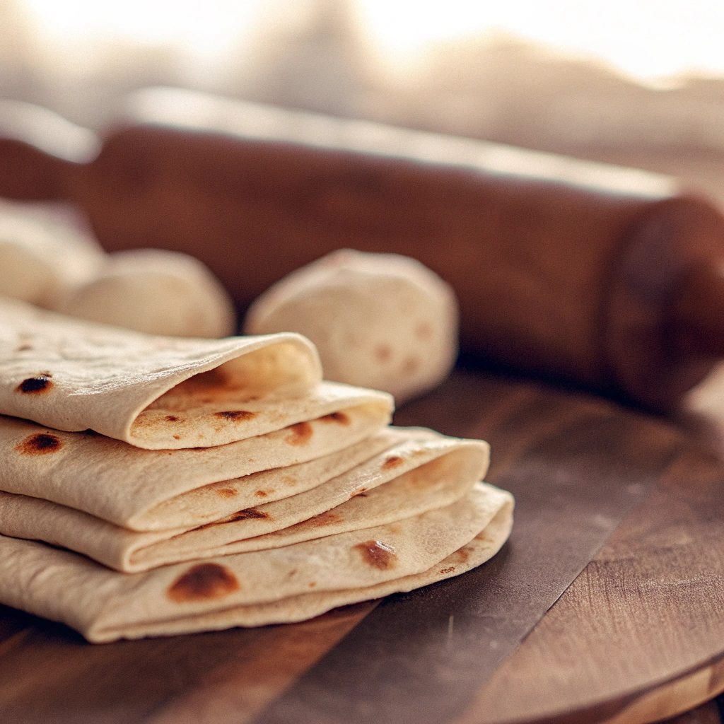Close-up shot of a stack of freshly cooked, paper-thin flour tortillas on a wooden board.