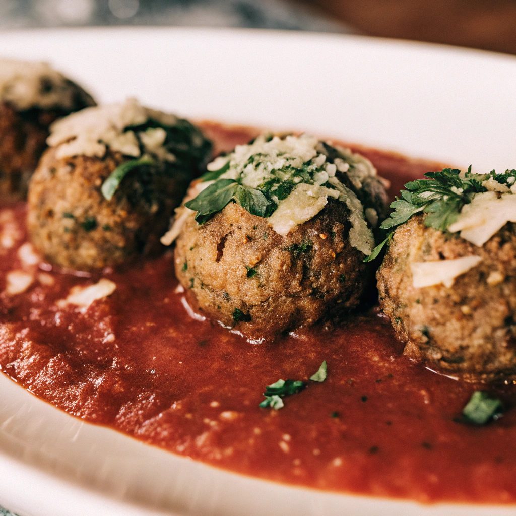 Golden-brown eggplant meatballs served on a white plate with tomato sauce, garnished with fresh parsley and Parmesan cheese, ready to eat