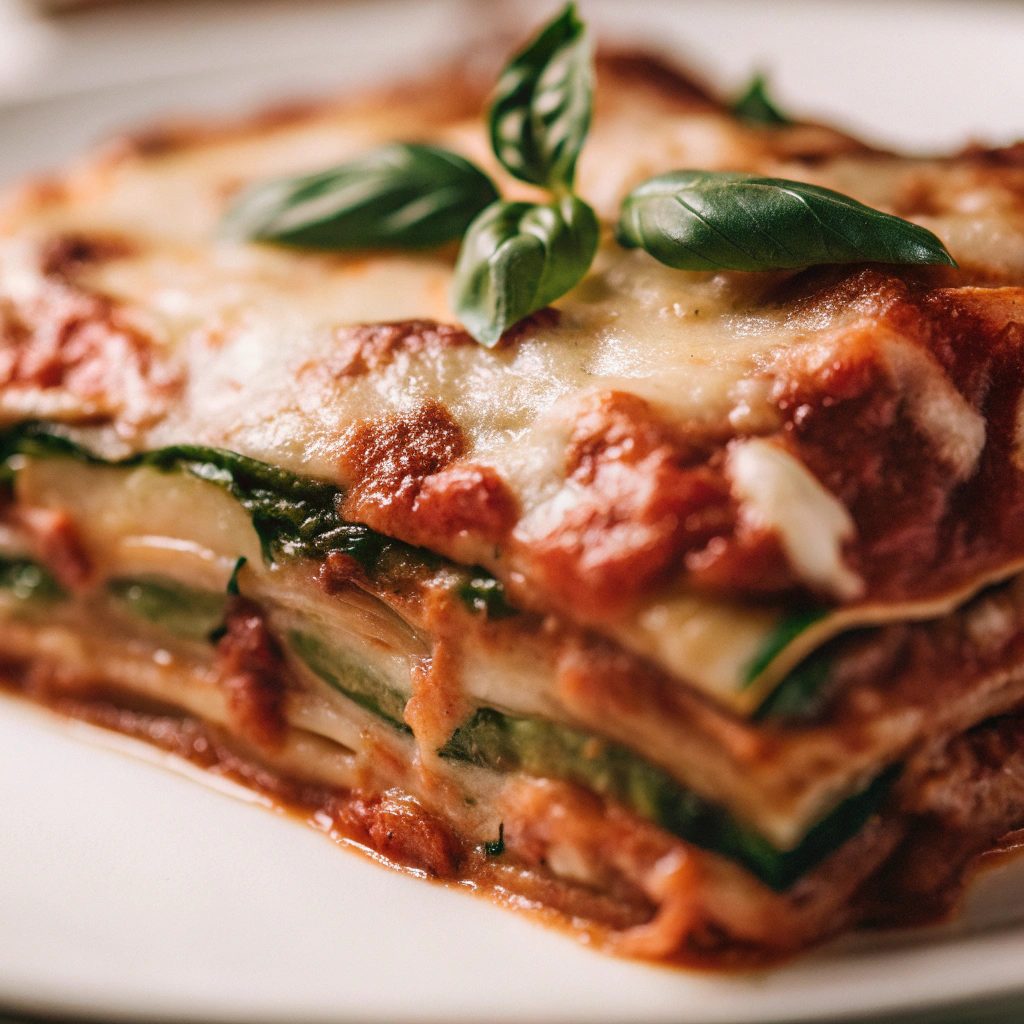 Baked zucchini lasagna on a white plate with layers of zucchini, tomato sauce, melted mozzarella and cheddar, garnished with fresh basil and parsley