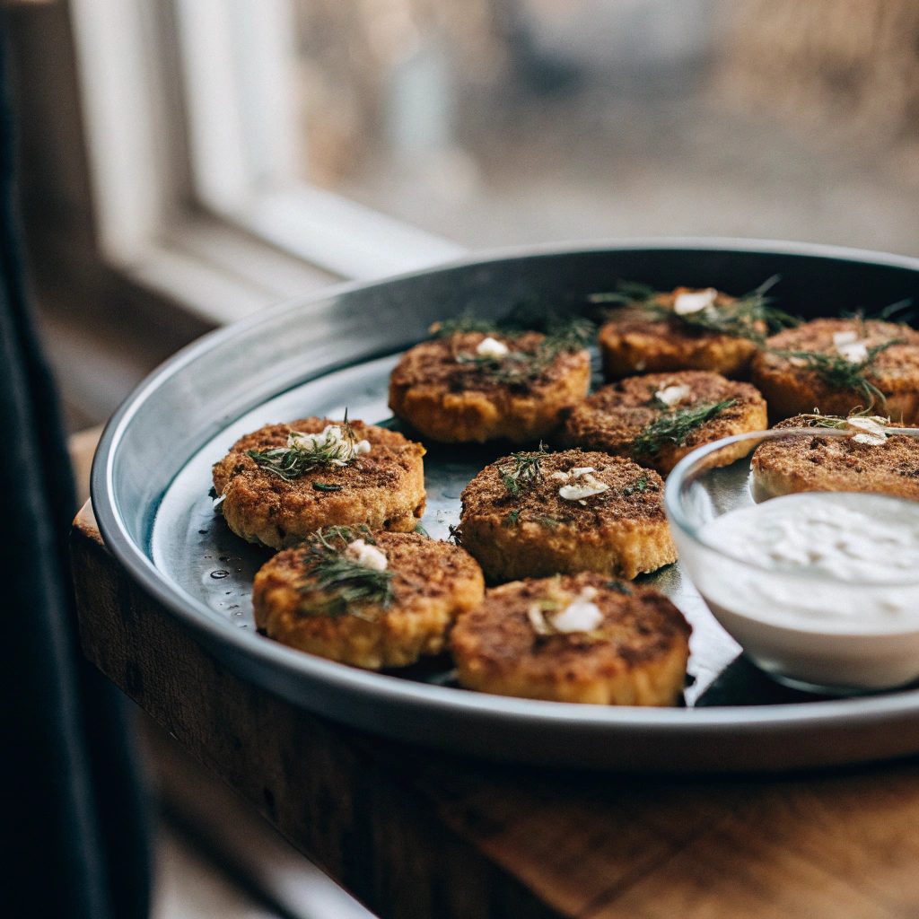 A clear, large plate of golden-brown pumpkin and oat patties, garnished with fresh dill and sprinkled with toasted sesame and sunflower seeds. The patties are arranged neatly on a rustic wooden surface with a small bowl of yogurt sauce on the side, highlighting a healthy, homemade, and appetizing meal perfect for a wellness-focused program.