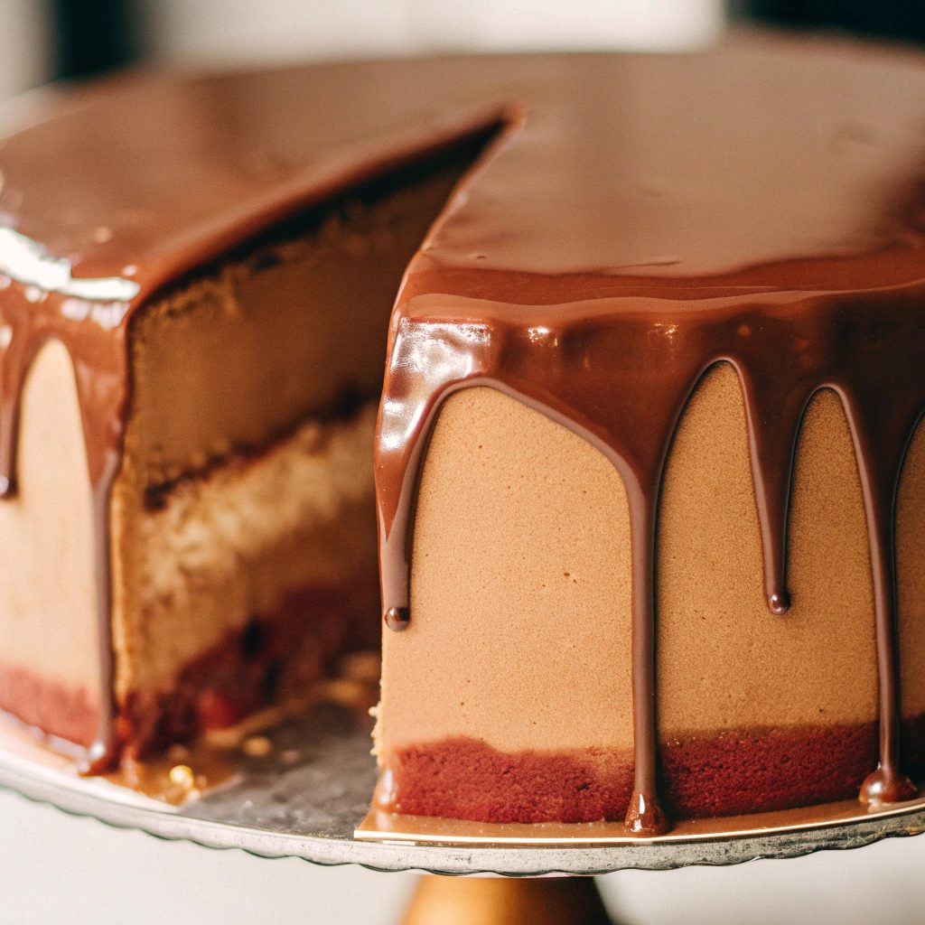 A decadent, modest-sized round cake with three rich, dark chocolate layers.