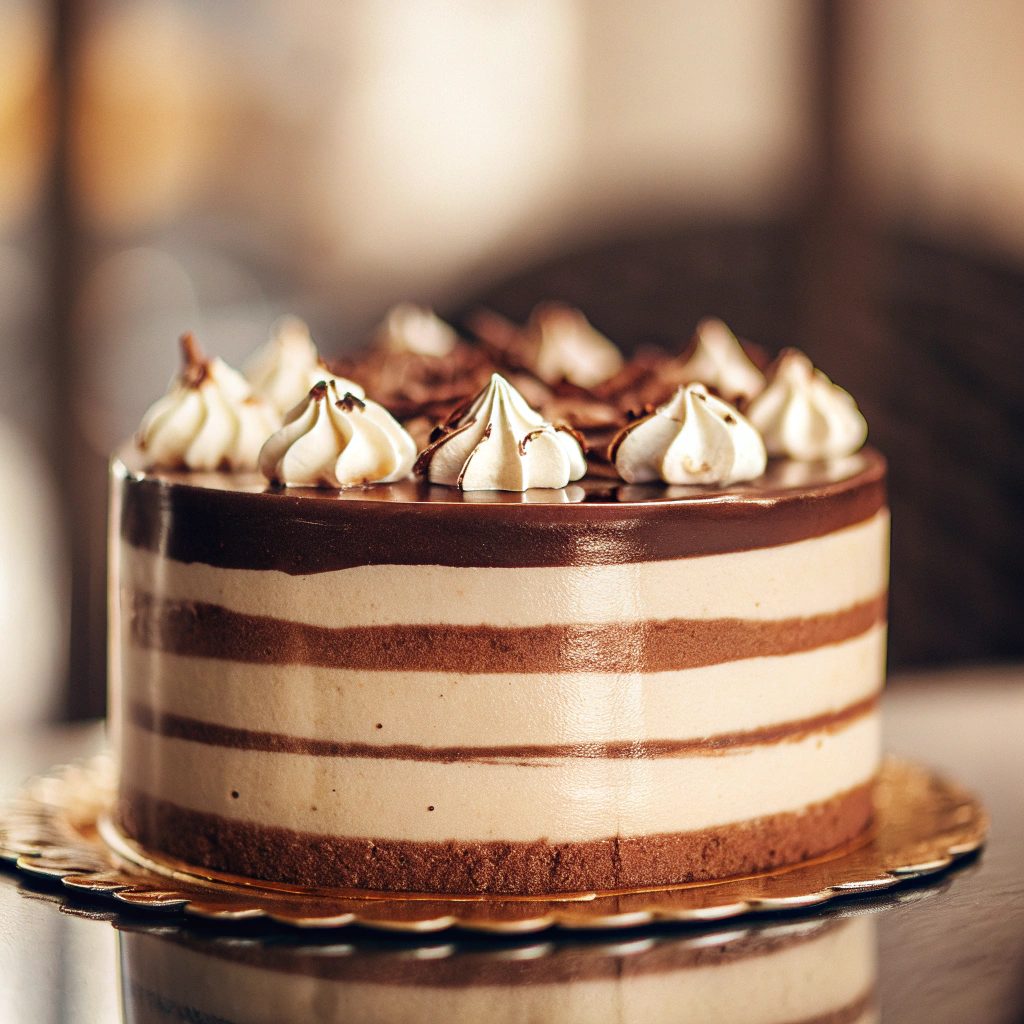 A modest-sized, elegant round cake with three thin layers of golden-brown nutty sponge, flecked with finely ground peanuts or hazelnuts.