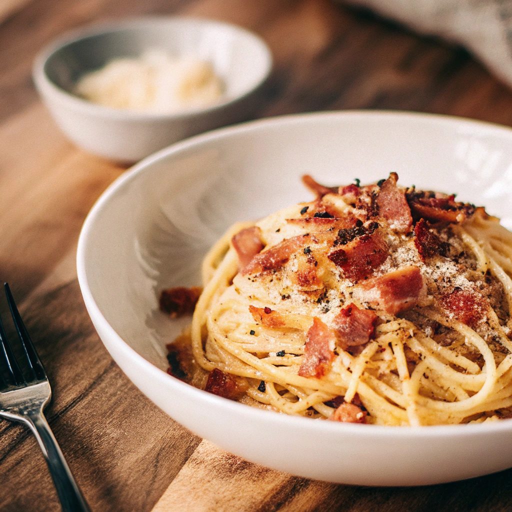Spaghetti carbonara with crispy pancetta, creamy Pecorino Romano sauce, and freshly ground black pepper in a white bowl.