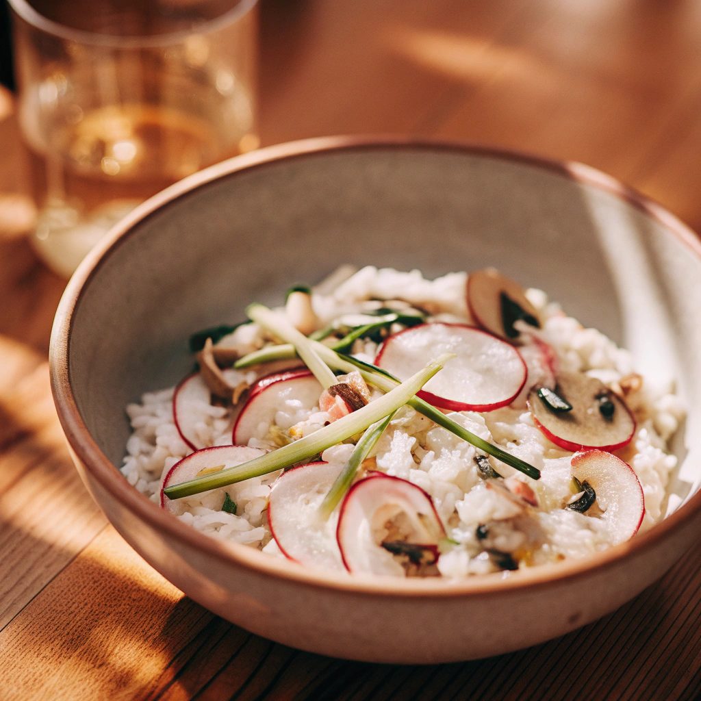 A bowl of fresh rice salad with white rice, sliced radishes, marinated mushrooms, and thin leek strips, lightly dressed with oil and apple cider vinegar, served in a rustic bowl on a wooden table with natural light.