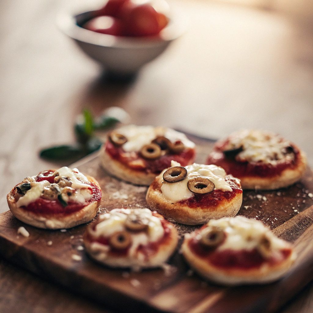A bright, appetizing close-up of mini pizza snacks arranged on a wooden serving board.