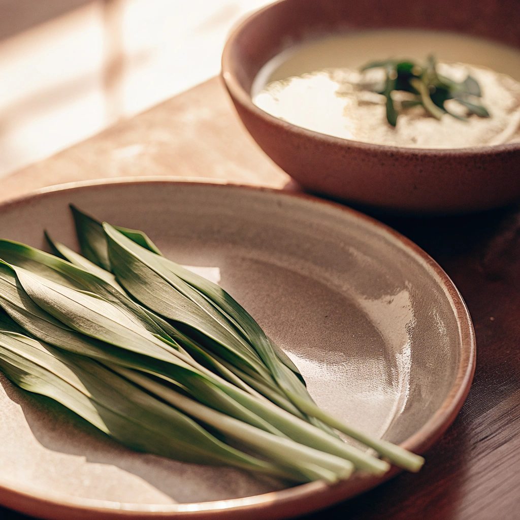 A bright, elegant food photograph showing freshly harvested wild garlic leaves arranged neatly on a rustic ceramic plate.