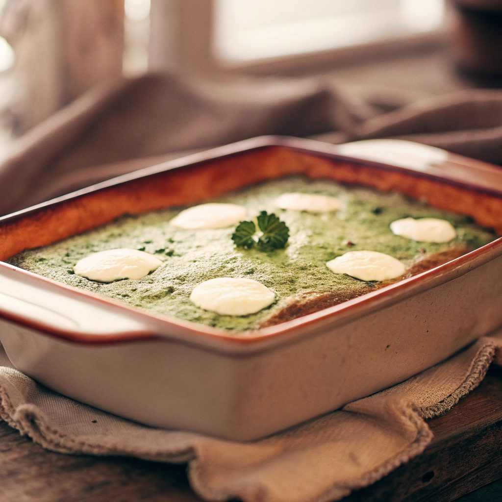 A freshly baked Green Meadow spinach and chicken casserole in a baking dish with a golden, lightly crisp top and a vibrant green interior from the spinach.