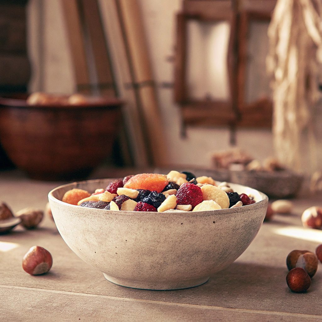 A rustic bowl filled with colorful dried fruits including apricots, figs, prunes, raisins, and cranberries placed on a wooden table
