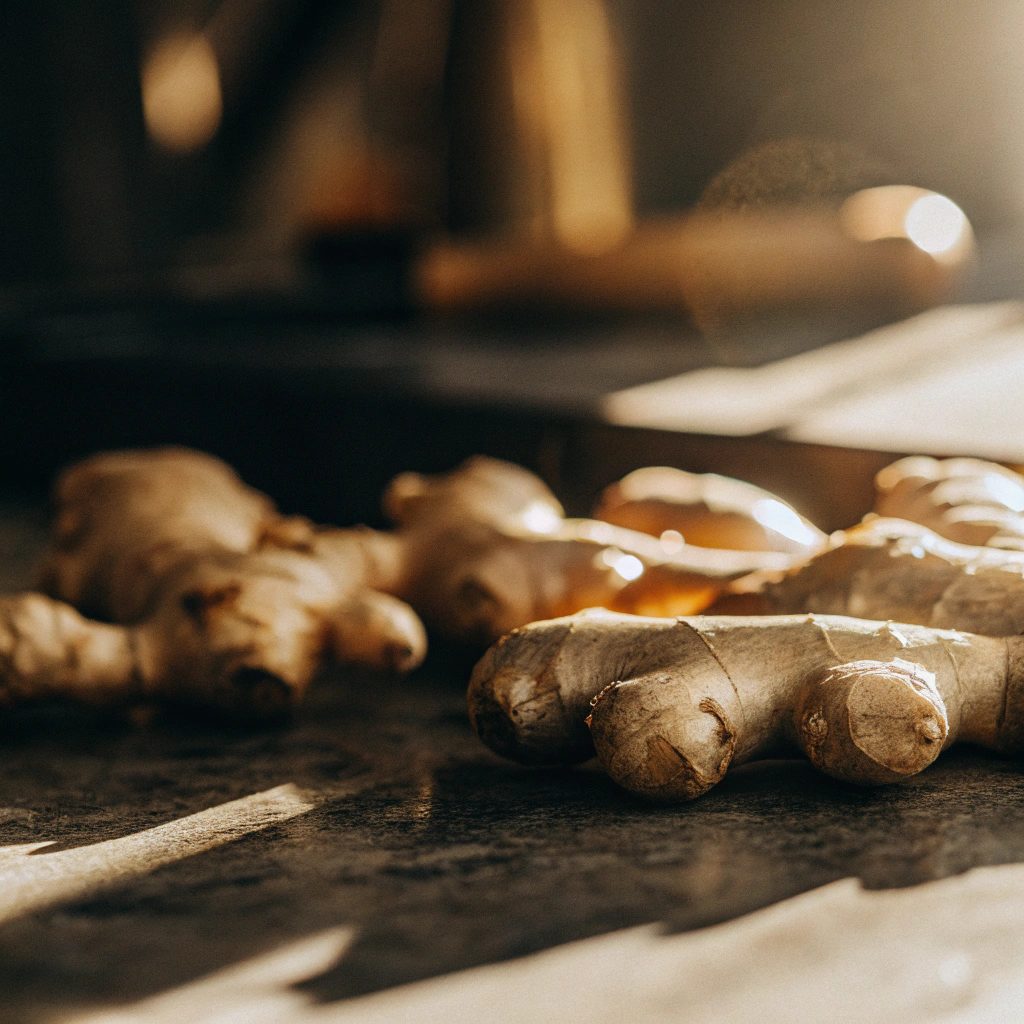 Cinematic slow zoom-in shot of fresh ginger root on a dark matte background