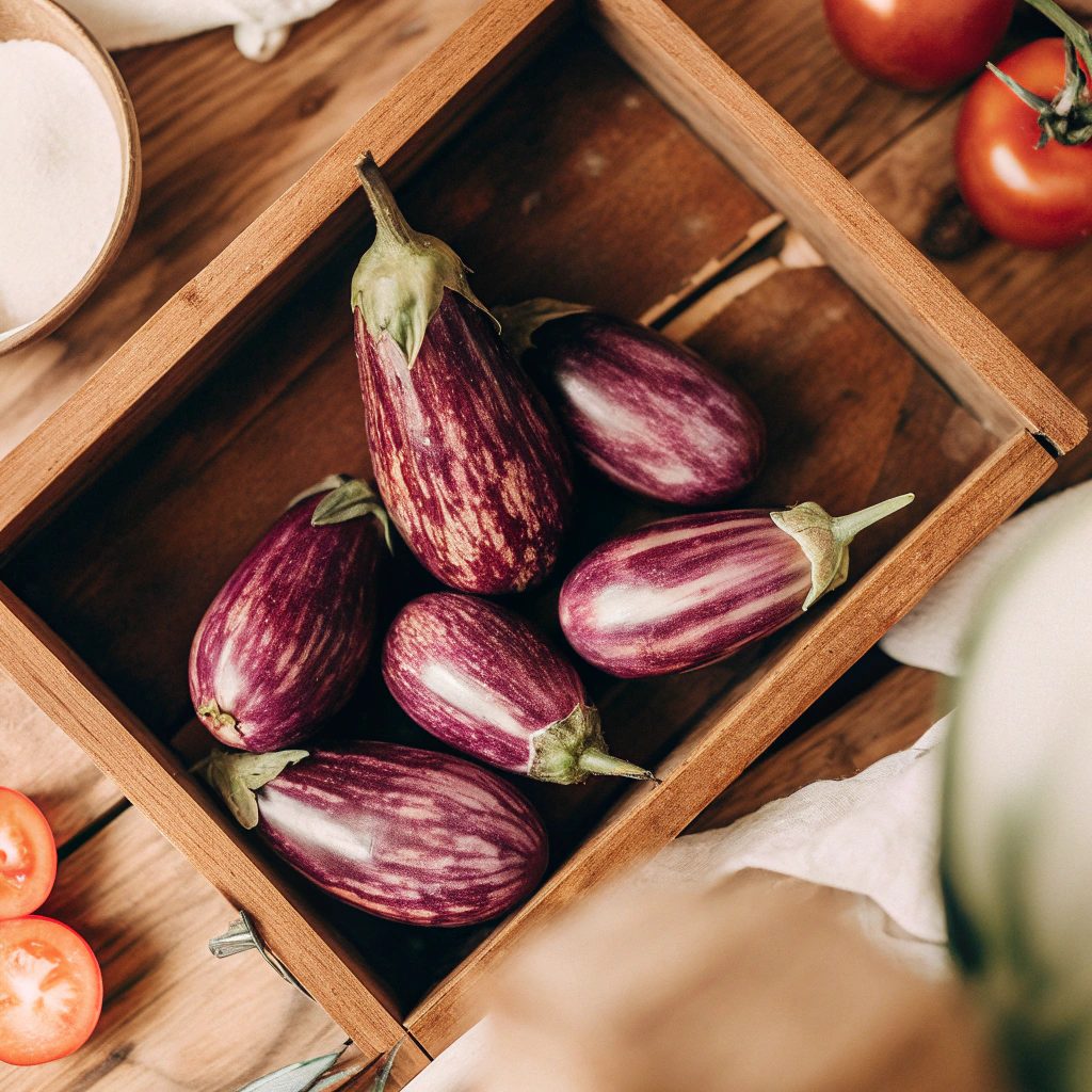 Fresh purple eggplants arranged in a wooden crate on a rustic wooden table, highlighting healthy vegetables rich in fiber, antioxidants, vitamins, and minerals.