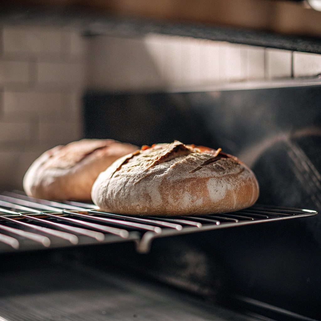 Golden-crusted light wheat sourdough bread cooling on wire rack