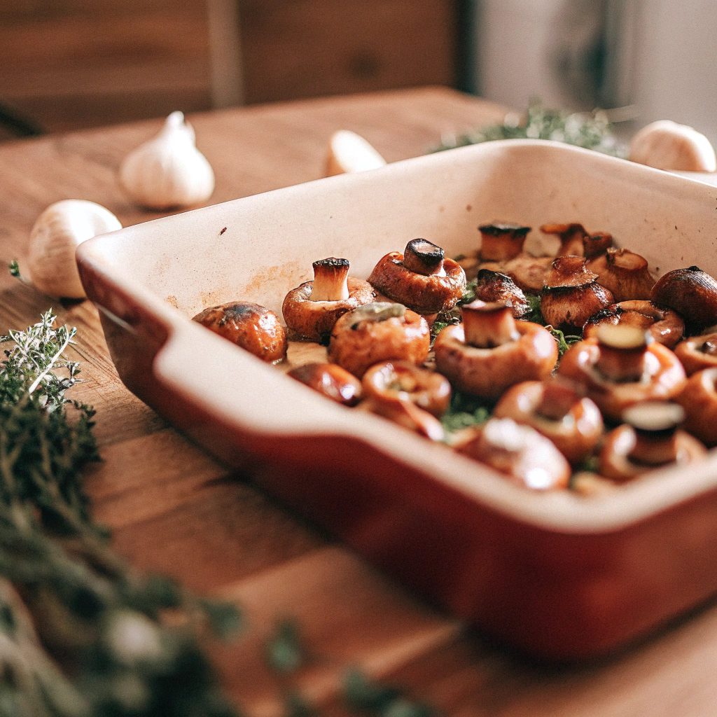 Roasted mushrooms glazed with balsamic sauce and garlic